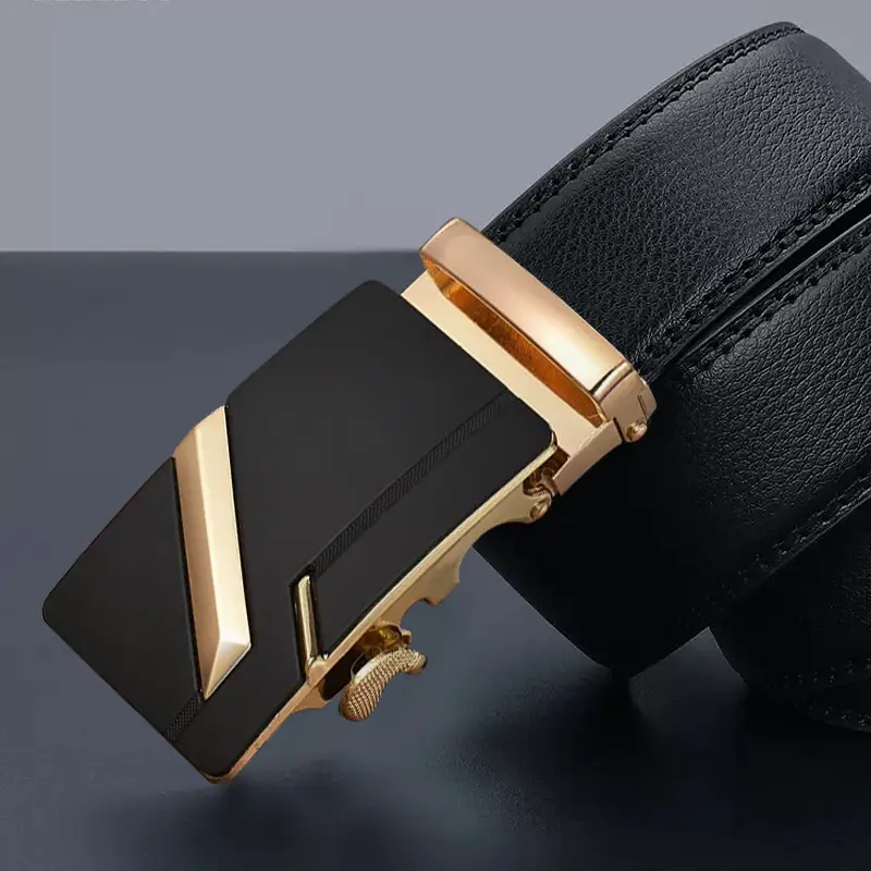 Men's Black Leather Belt with Gold Buckle - Image 4