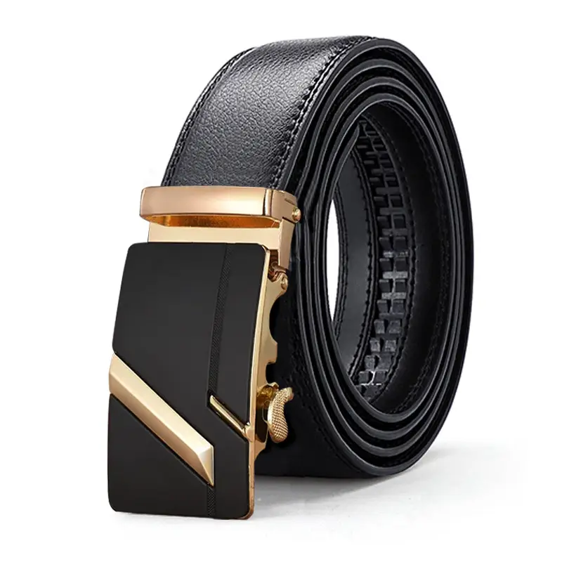 Men's Black Leather Belt with Gold Buckle