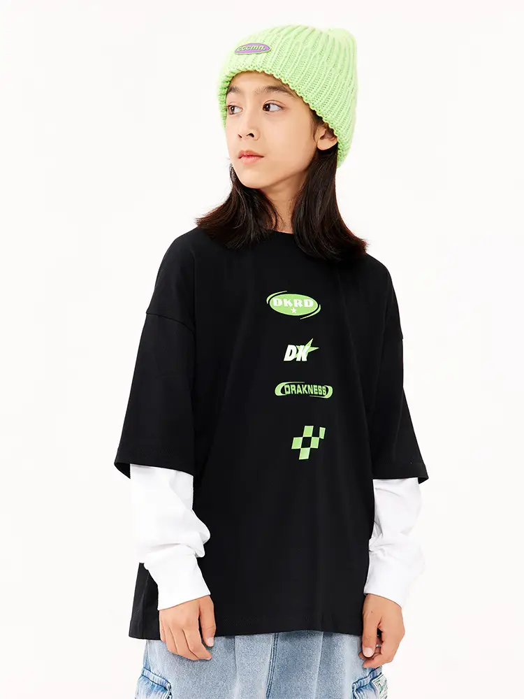 Kids Fake Two-Piece Long Sleeve T-Shirt White Black Medium Large - Image 3