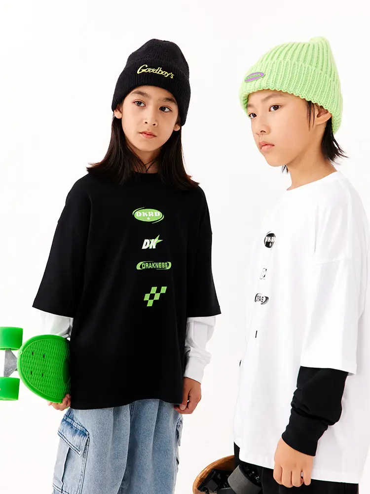 Kids Fake Two-Piece Long Sleeve T-Shirt White Black Medium Large - Image 4
