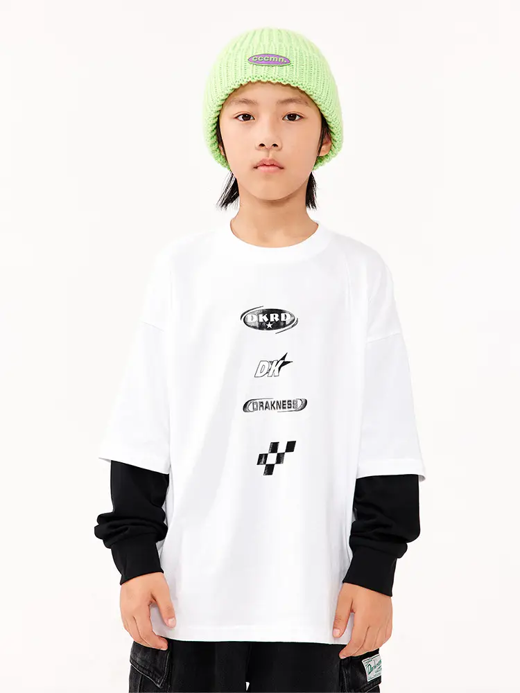 Kids Fake Two-Piece Long Sleeve T-Shirt White Black Medium Large - Image 5