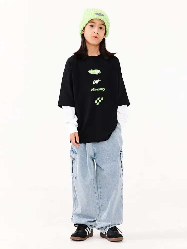 Kids Fake Two-Piece Long Sleeve T-Shirt White Black Medium Large - Image 6