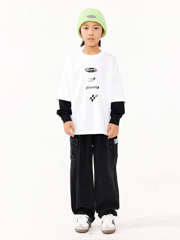 Kids Fake Two-Piece Long Sleeve T-Shirt White Black Medium Large - Image 7