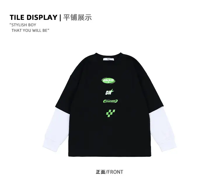 Kids Fake Two-Piece Long Sleeve T-Shirt White Black Medium Large — feature 23