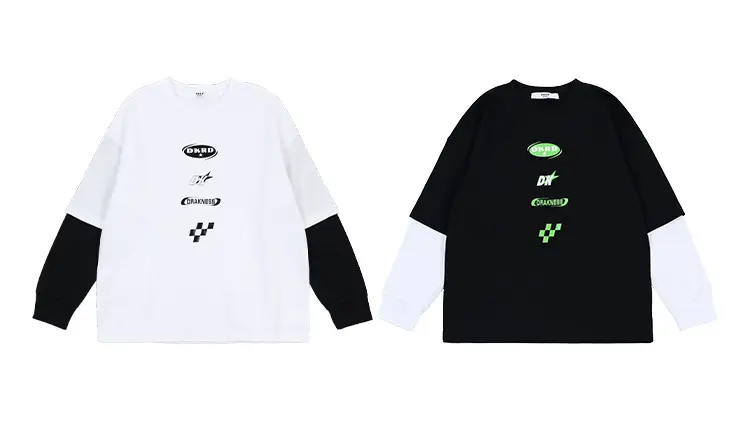 Kids Fake Two-Piece Long Sleeve T-Shirt White Black Medium Large — feature 4