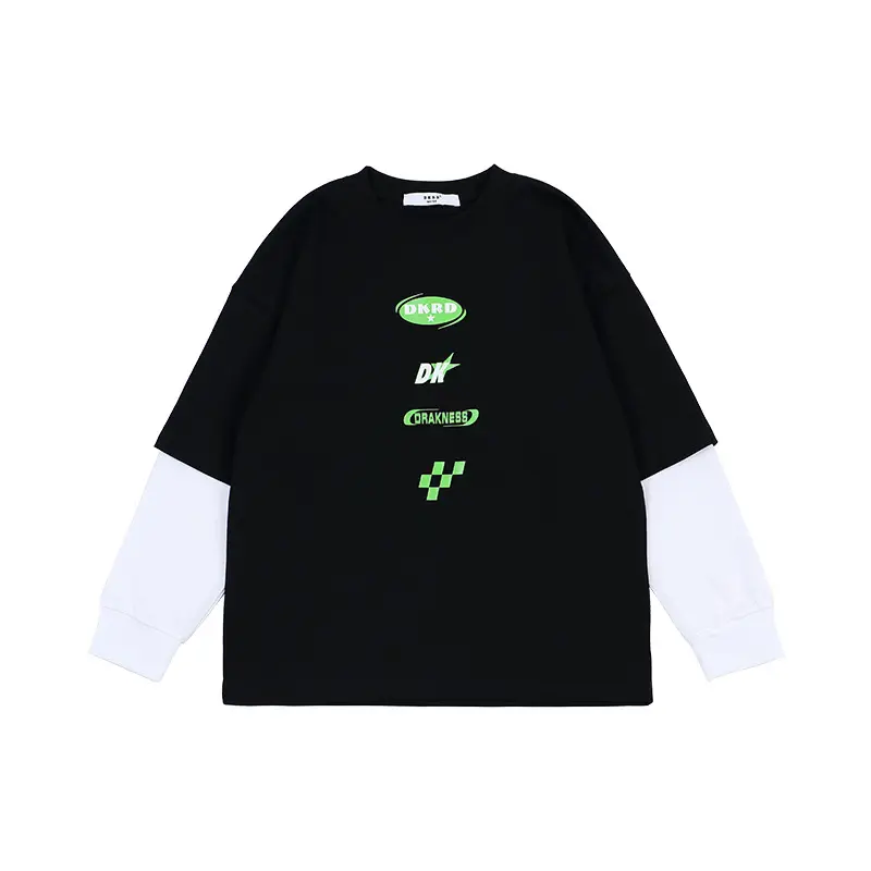 Kids Fake Two-Piece Long Sleeve T-Shirt White Black Medium Large - Image 2