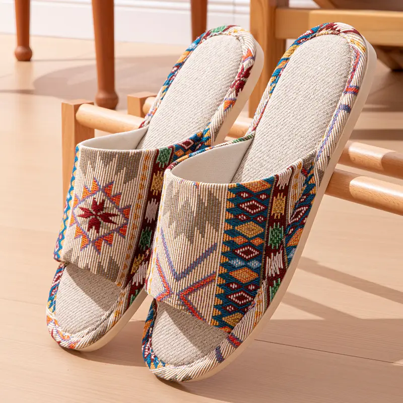 Linen Slippers Men's Four Seasons Indoor Household Mute Sweat Absorbing Wear-resistant Spring and Autumn Cotton Linen Slippers Men's