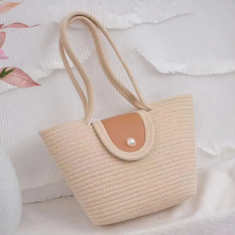 Beige Woven Shoulder Bag with Pearl Button - Image 2