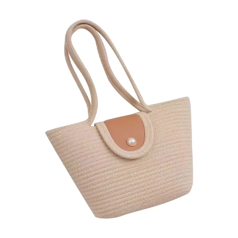 Beige Woven Shoulder Bag with Pearl Button - Image 5