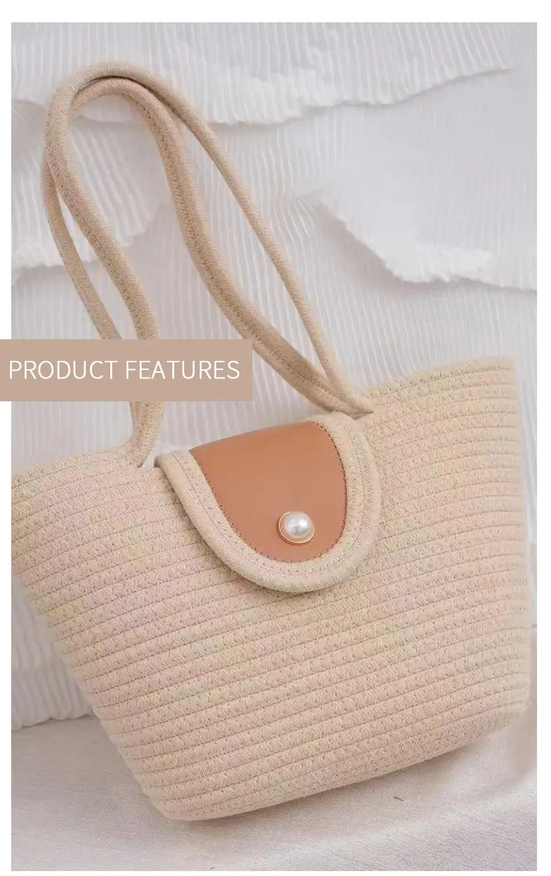 Beige Woven Shoulder Bag with Pearl Button — feature 3