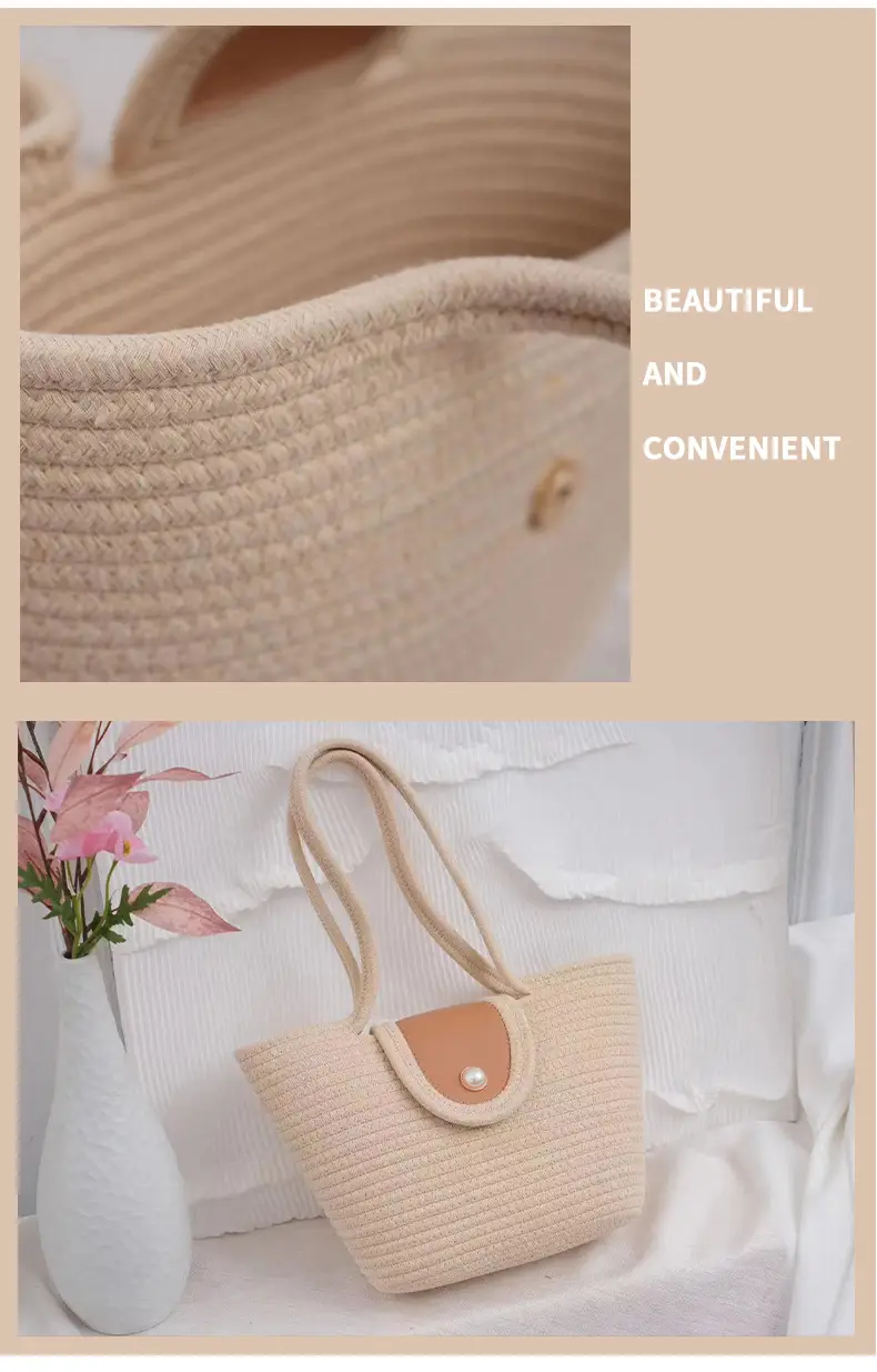 Beige Woven Shoulder Bag with Pearl Button — feature 4