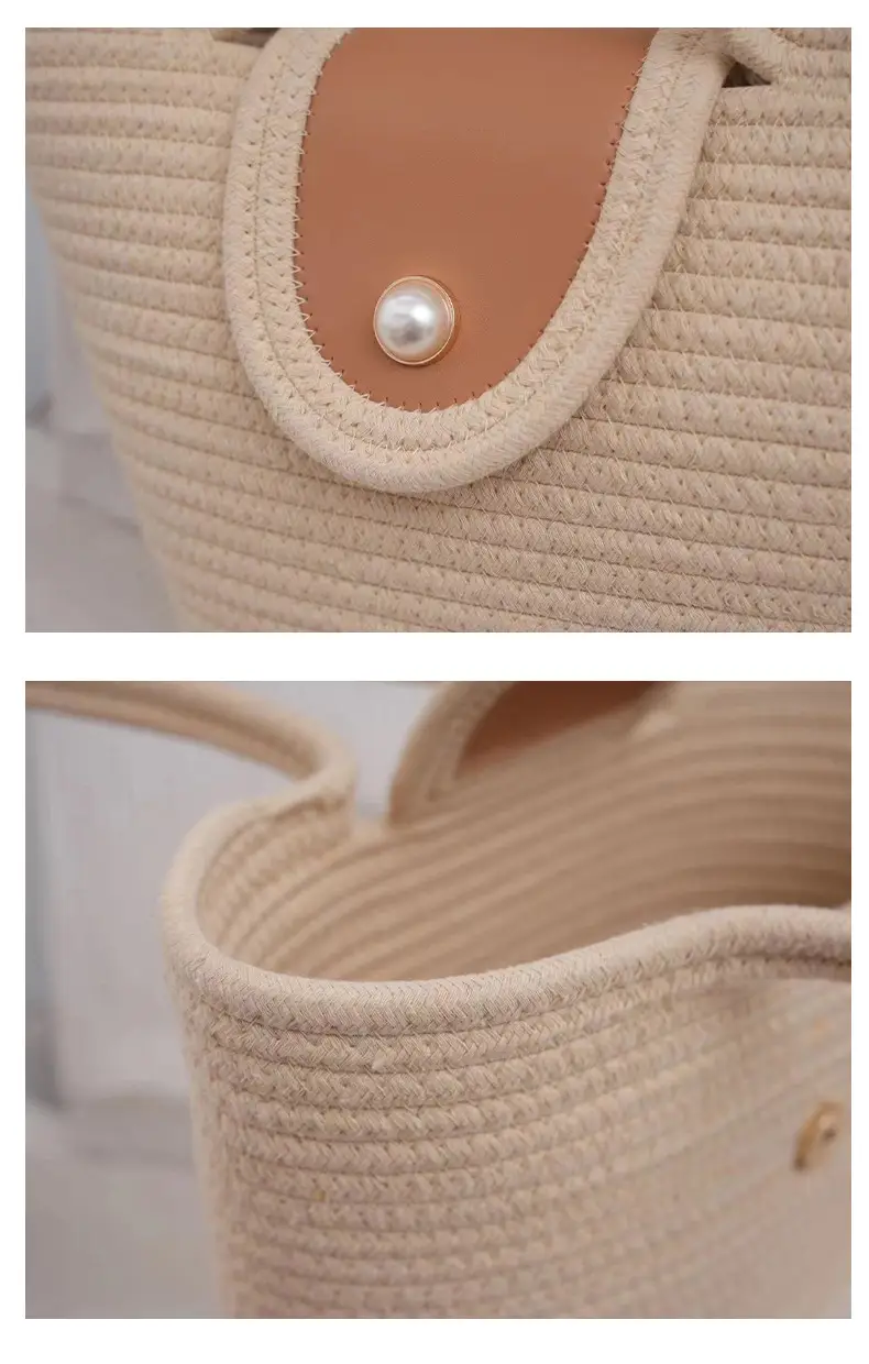 Beige Woven Shoulder Bag with Pearl Button — feature 7