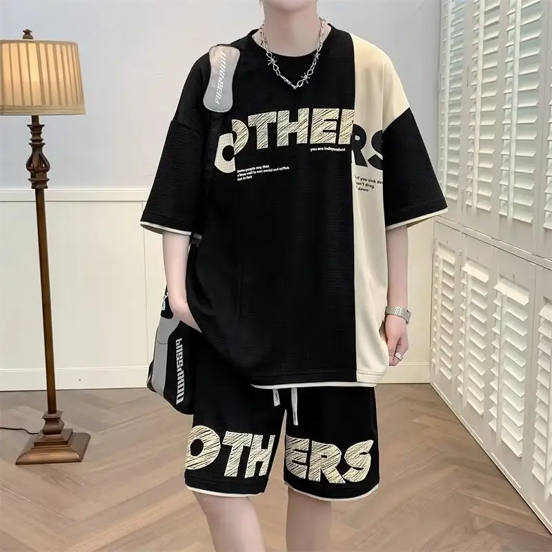 Hong Kong Style Waffle Loose Suit Summer New Color Matching Youth - Image 2