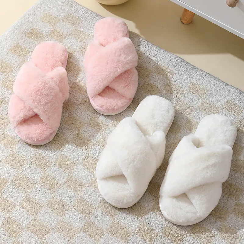 Cross-Border Autumn and Winter New Imitation Rabbit Fur Women's Cross-Strap Home Cotton Slippers Thick-Soled Warm Indoor Slippers Wholesale