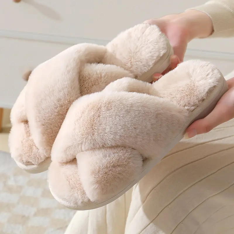 Cross-Border Autumn and Winter New Imitation Rabbit Fur Women's Cross-Strap Home Cotton Slippers Thick-Soled Warm Indoor Slippers Wholesale