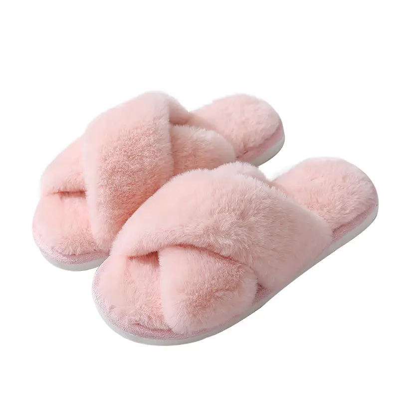 Cross-Border Autumn and Winter New Imitation Rabbit Fur Women's Cross-Strap Home Cotton Slippers Thick-Soled Warm Indoor Slippers Wholesale