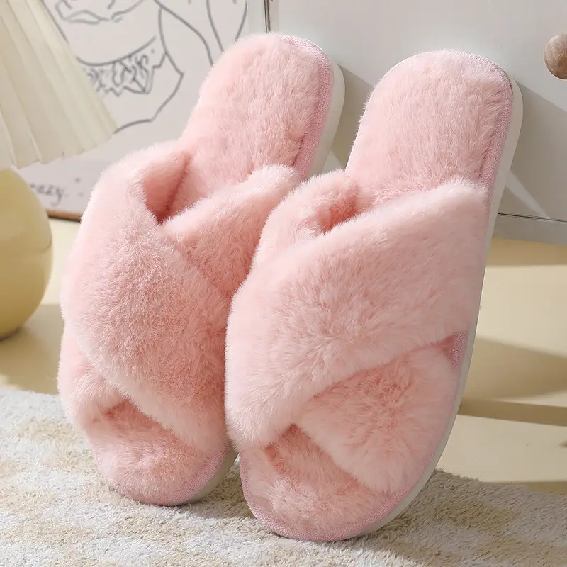 Cross-Border Autumn and Winter New Imitation Rabbit Fur Women's Cross-Strap Home Cotton Slippers Thick-Soled Warm Indoor Slippers Wholesale