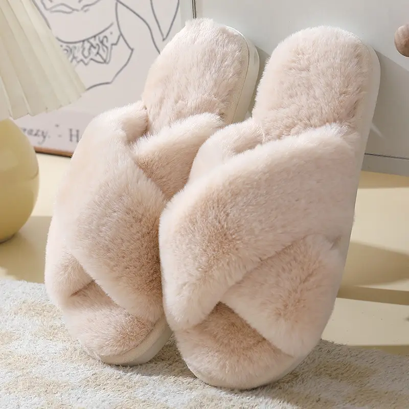 Cross-Border Autumn and Winter New Imitation Rabbit Fur Women's Cross-Strap Home Cotton Slippers Thick-Soled Warm Indoor Slippers Wholesale
