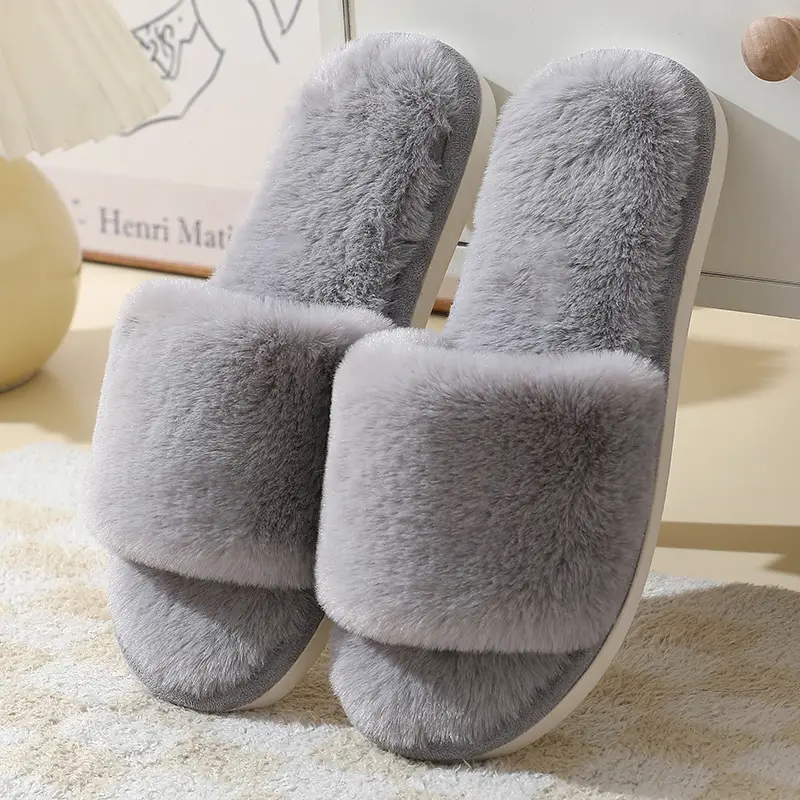 Cross-Border Autumn and Winter New Imitation Rabbit Fur Women's Cross-Strap Home Cotton Slippers Thick-Soled Warm Indoor Slippers Wholesale