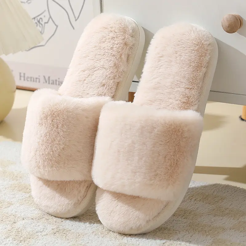 Cross-Border Autumn and Winter New Imitation Rabbit Fur Women's Cross-Strap Home Cotton Slippers Thick-Soled Warm Indoor Slippers Wholesale