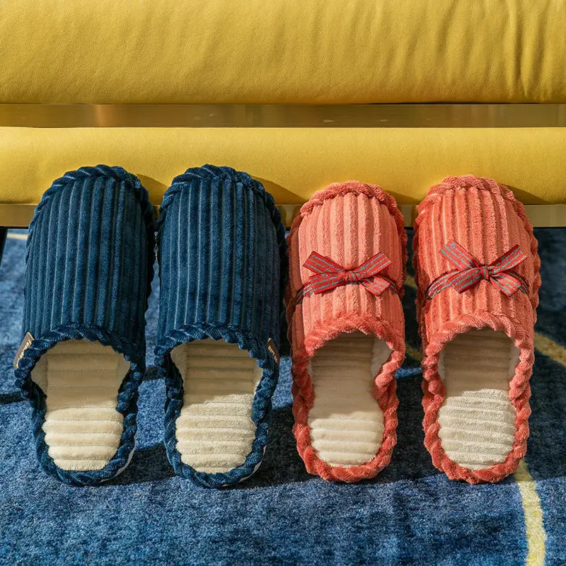 Bow Thick-Soled Cotton Slippers for Women Autumn and Winter Indoor Home Warm Non-Slip Home Couple Plush Slippers for Men - Image 8