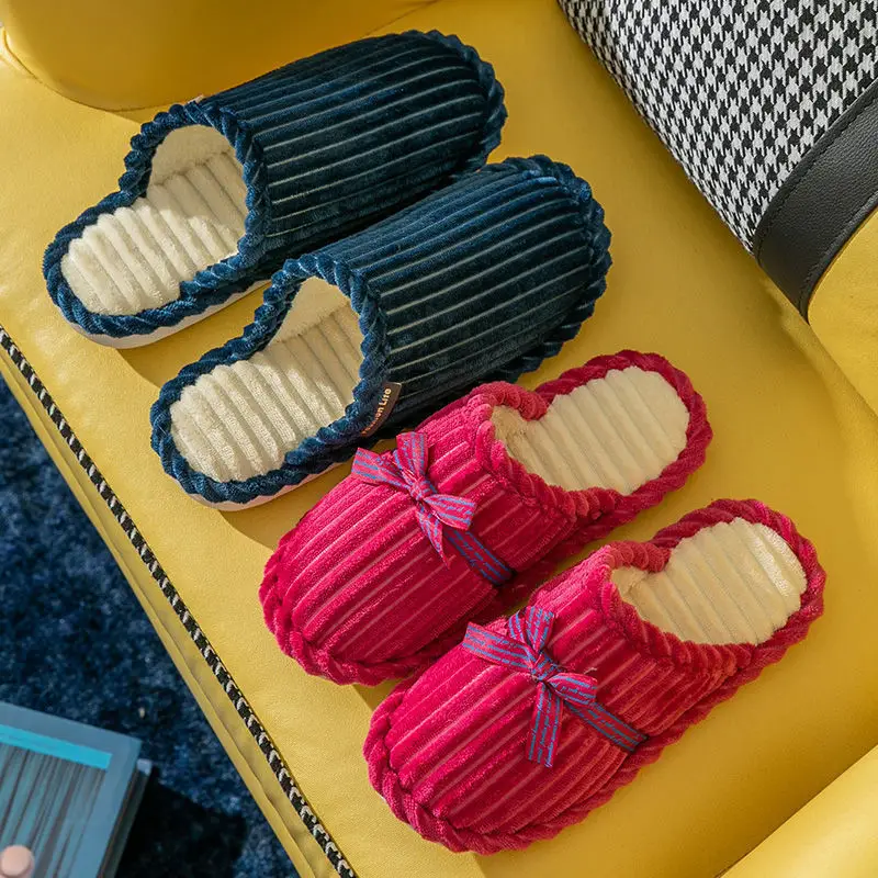 Bow Thick-Soled Cotton Slippers for Women Autumn and Winter Indoor Home Warm Non-Slip Home Couple Plush Slippers for Men - Image 9
