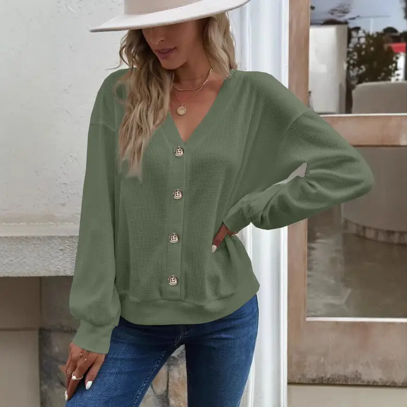 Women Button V-Neck Long Sleeve T-Shirt Grey
