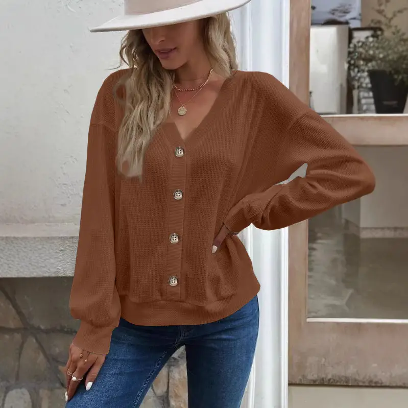 Women Button V-Neck Long Sleeve T-Shirt Grey
