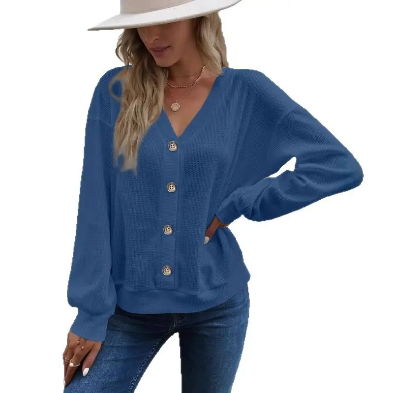 Women Button V-Neck Long Sleeve T-Shirt Grey