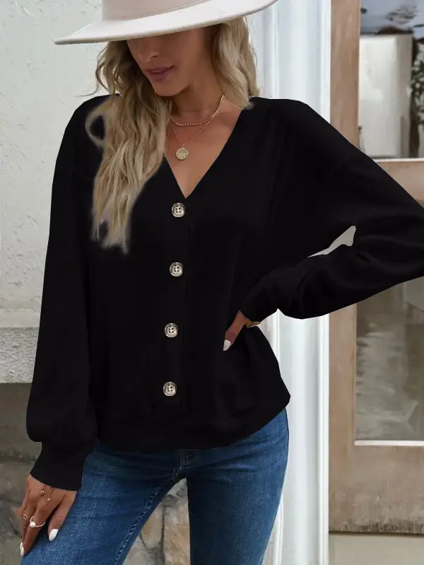 Women Button V-Neck Long Sleeve T-Shirt Grey