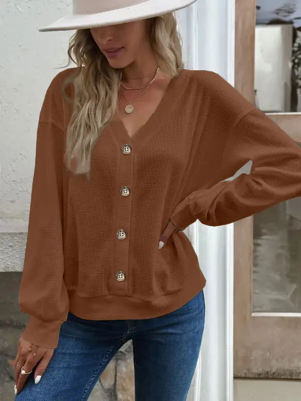 Women Button V-Neck Long Sleeve T-Shirt Grey