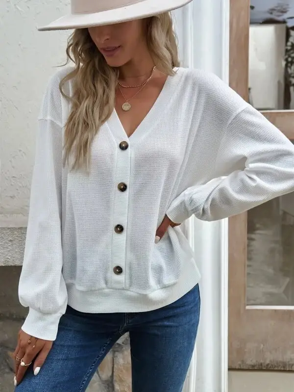 Women Button V-Neck Long Sleeve T-Shirt Grey