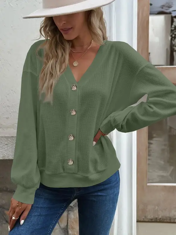 Women Button V-Neck Long Sleeve T-Shirt Grey