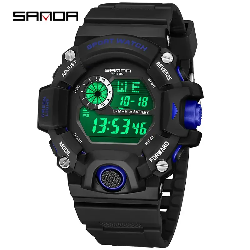 Sanda Black Sport Watch with Dual Digital Display