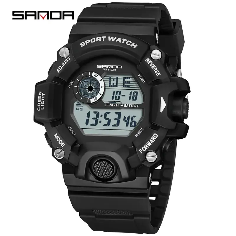 Sanda Black Sport Watch with Dual Digital Display