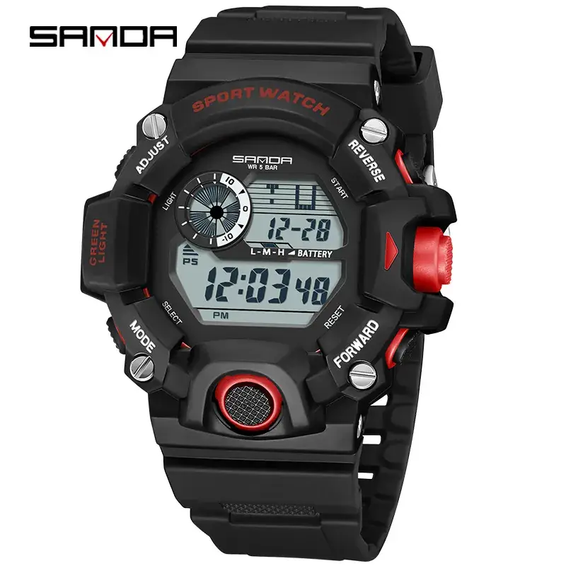 Sanda Black Sport Watch with Dual Digital Display