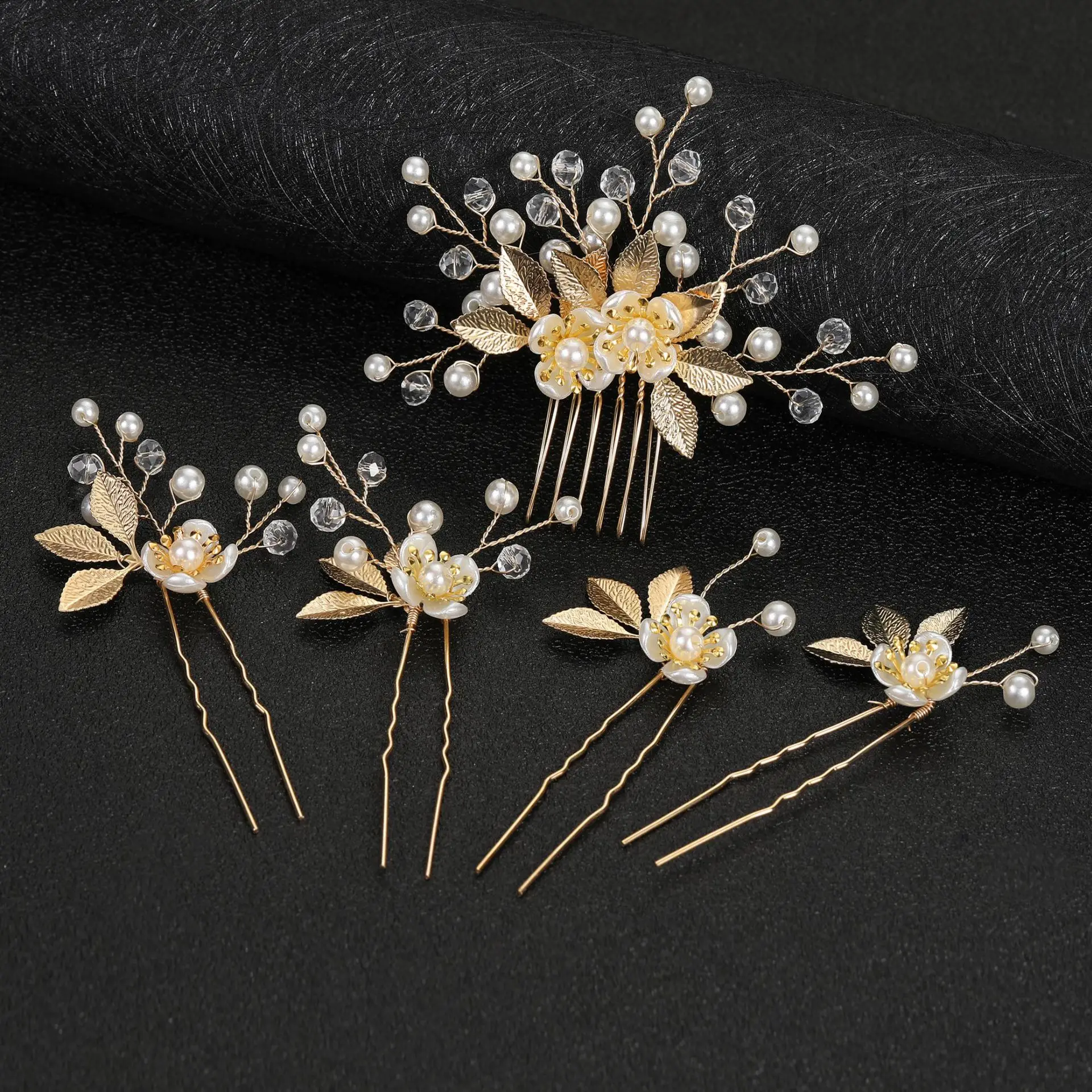 5 Pcs Gold Leaf Pearl Hair Clips for Bridal Hair Accessories