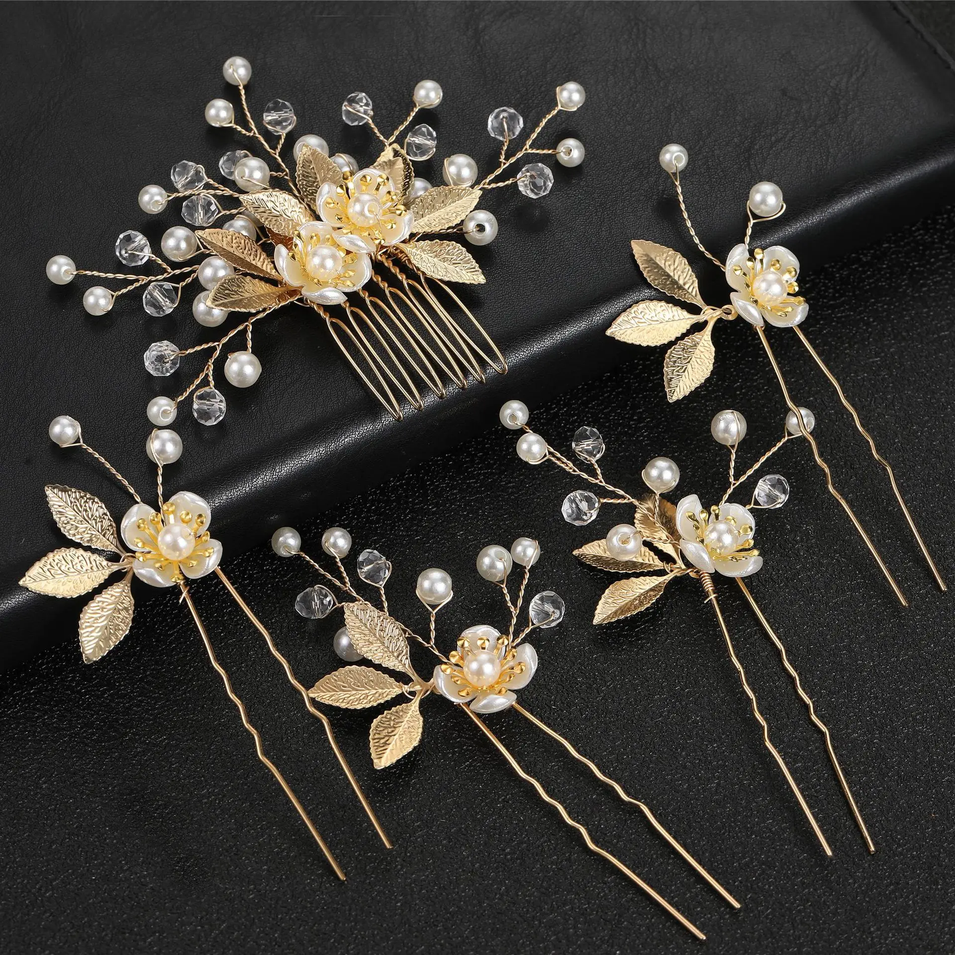 5 Pcs Gold Leaf Pearl Hair Clips for Bridal Hair Accessories
