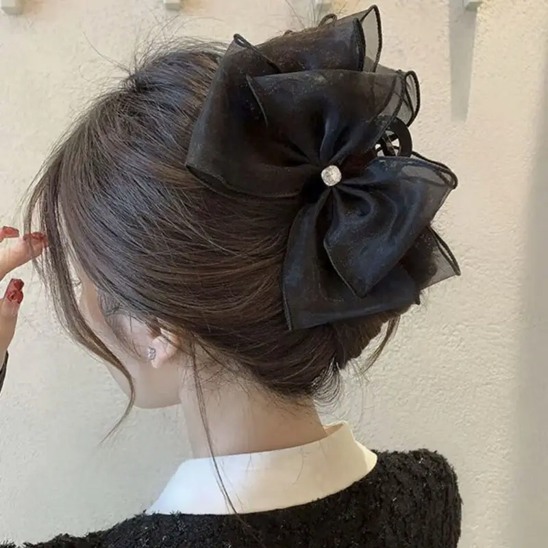 Oversized Black Silk Hair Clip with Pearl Accent