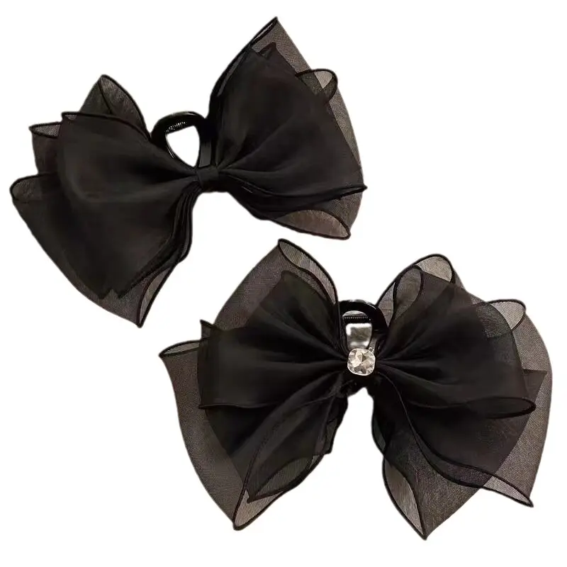 Oversized Black Silk Hair Clip with Pearl Accent