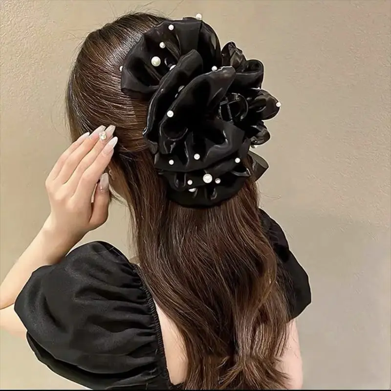 Oversized Black Silk Hair Clip with Pearl Accent — feature 19