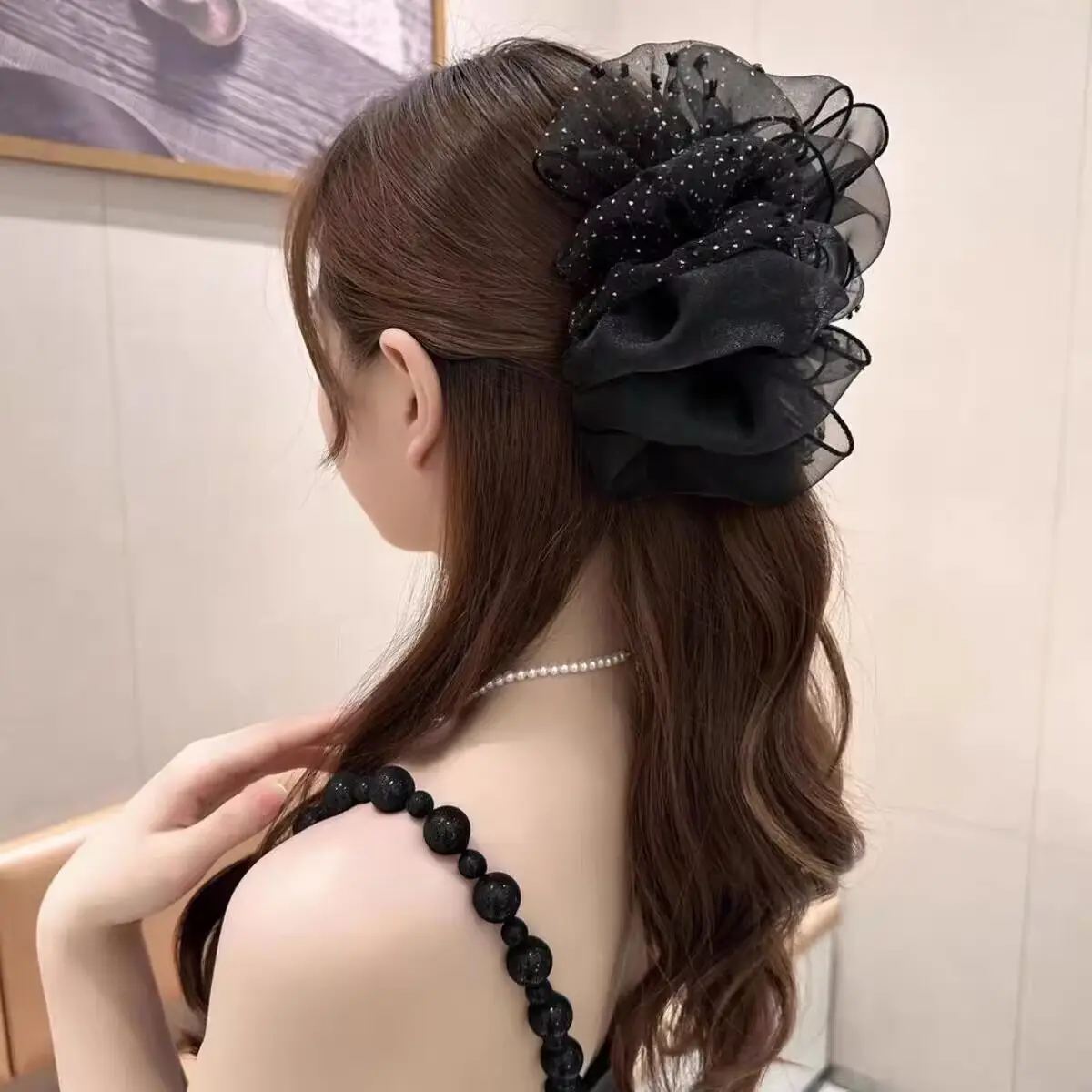Oversized Black Silk Hair Clip with Pearl Accent — feature 20