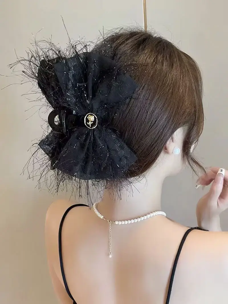 Oversized Black Silk Hair Clip with Pearl Accent — feature 25