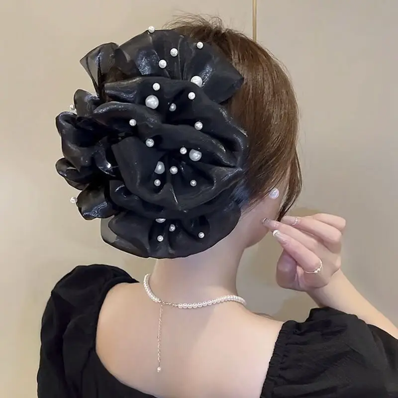 Oversized Black Silk Hair Clip with Pearl Accent — feature 27