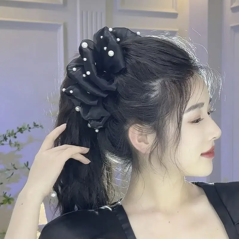 Oversized Black Silk Hair Clip with Pearl Accent — feature 28