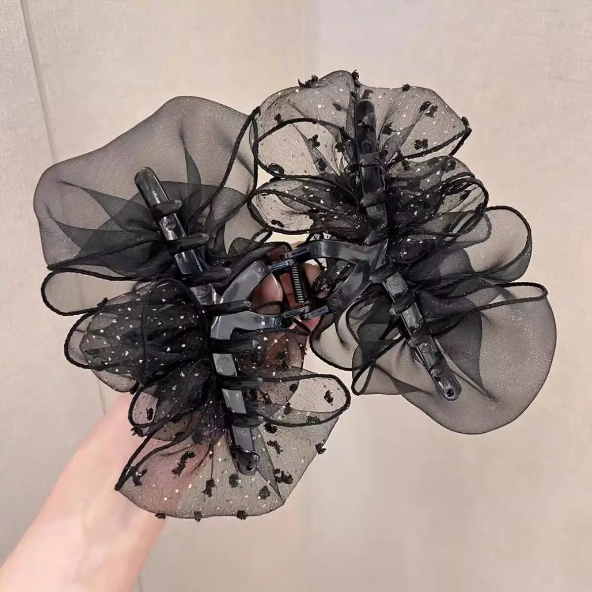 Oversized Black Silk Hair Clip with Pearl Accent — feature 33