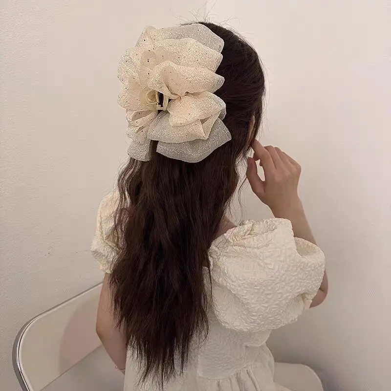 Oversized Black Silk Hair Clip with Pearl Accent — feature 36