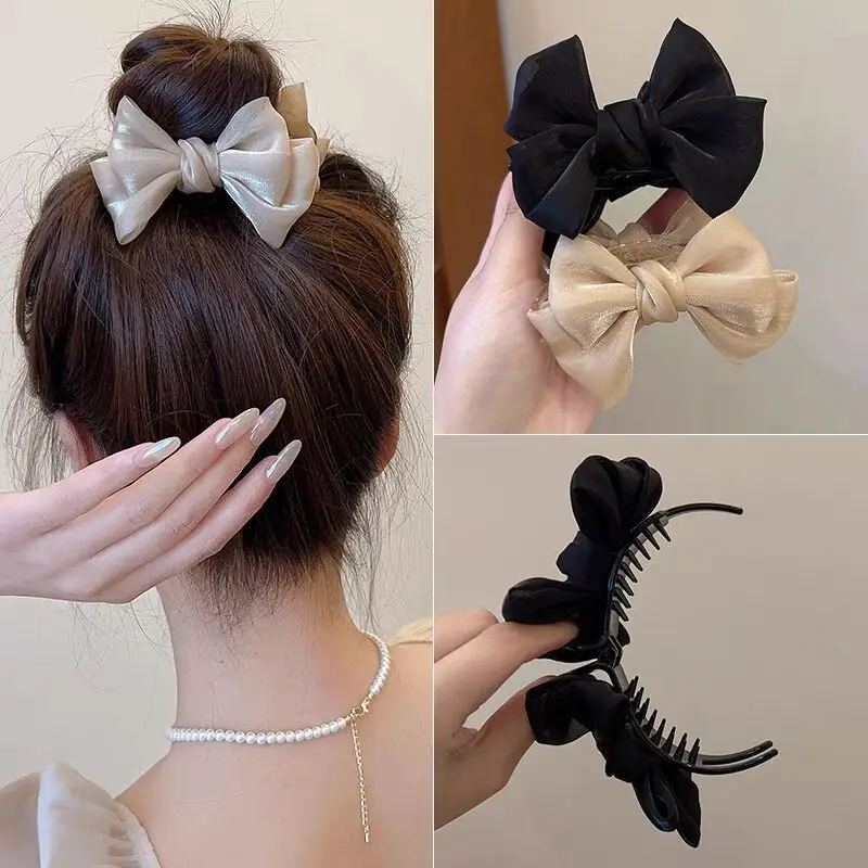 Oversized Black Silk Hair Clip with Pearl Accent — feature 37