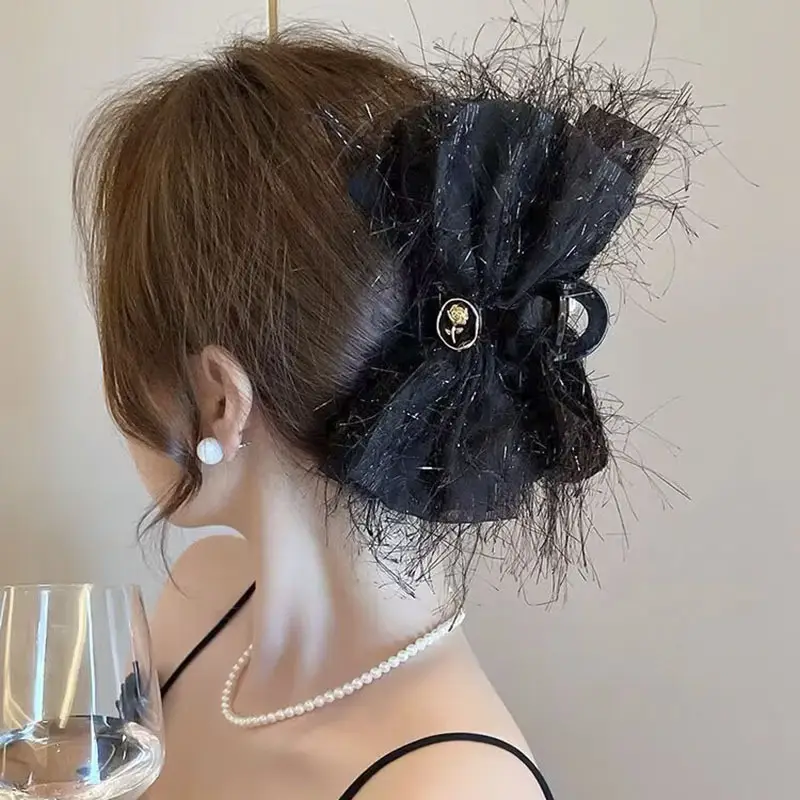 Oversized Black Silk Hair Clip with Pearl Accent — feature 42