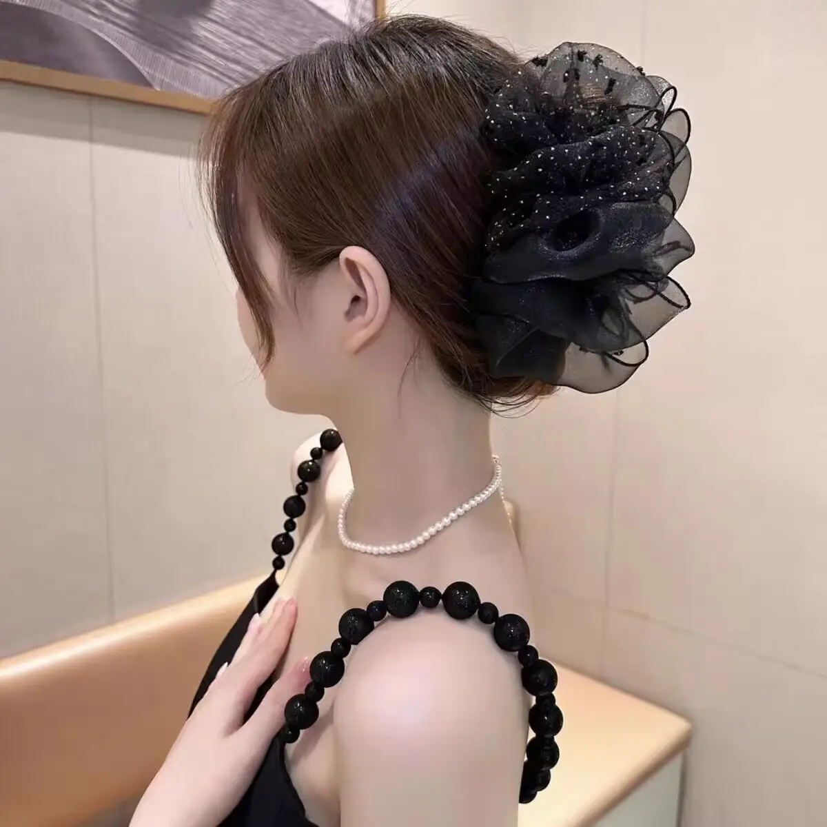 Oversized Black Silk Hair Clip with Pearl Accent